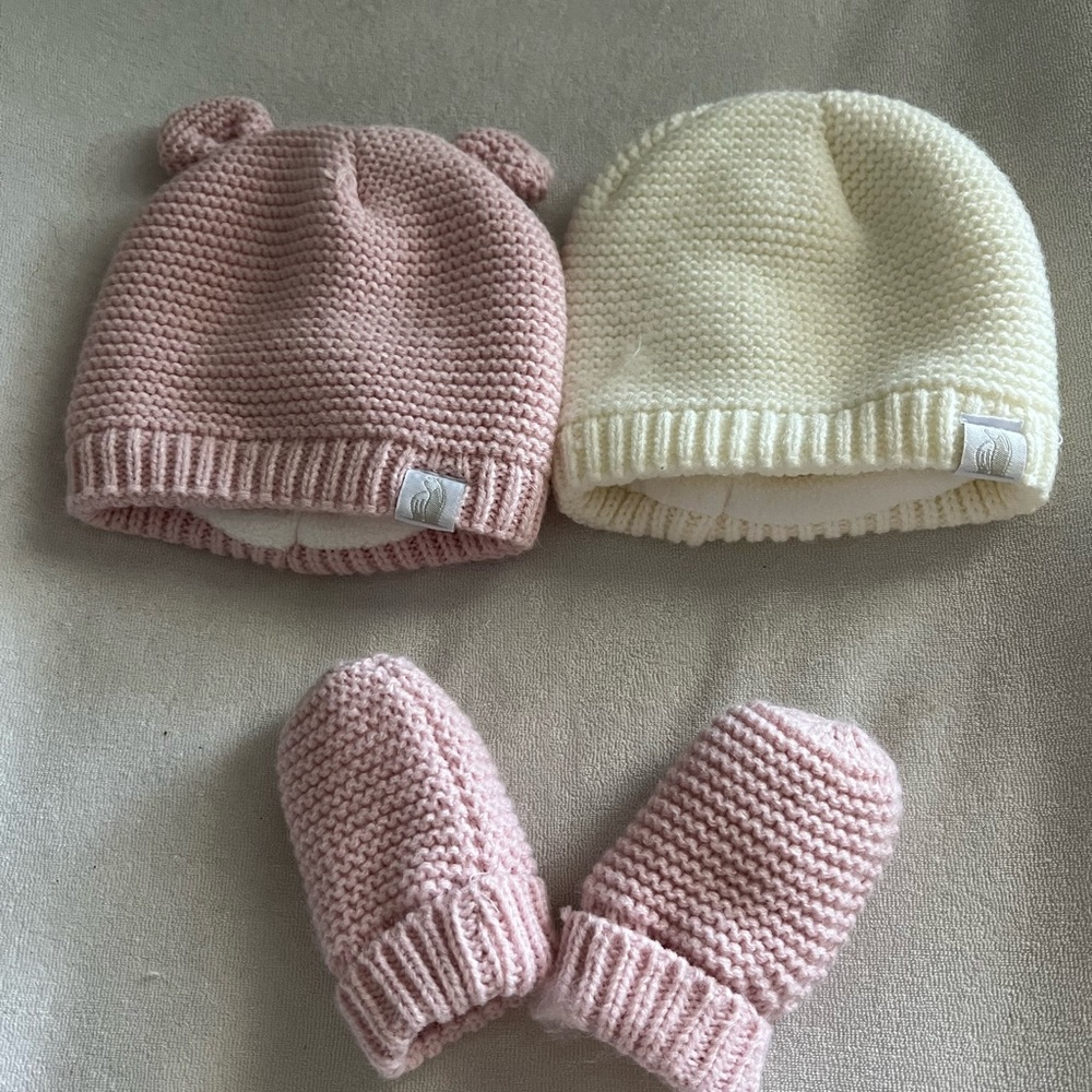 Cozy Knit Baby Hat and Mittens Set - Pink and Cream